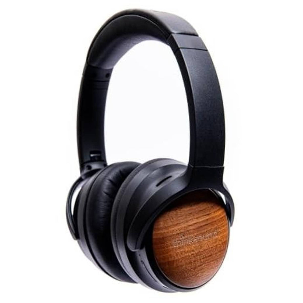 Black over-ear noise-cancelling headphones with padded headband and wooden ear cups