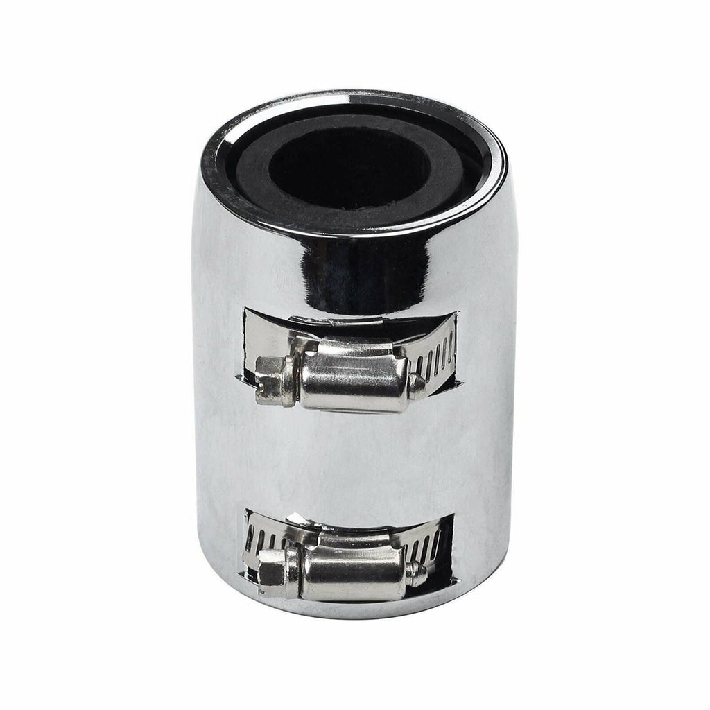 Chrome radiator hose cap with black rubber opening and metal latch clamp detail