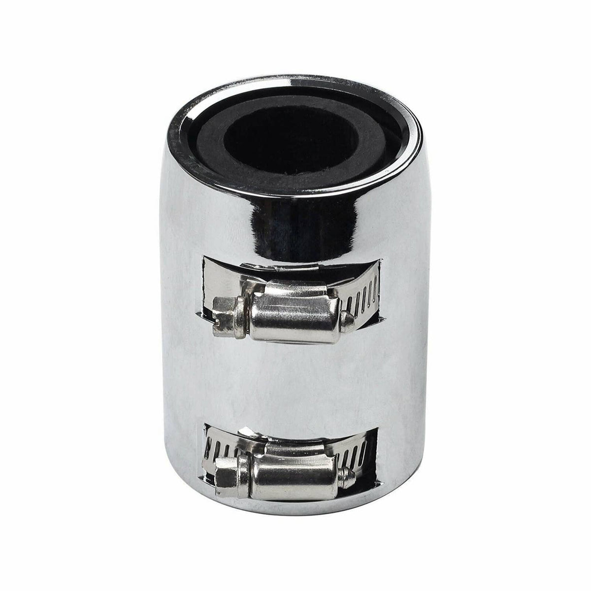 Chrome radiator hose cap with black rubber opening and metal latch clamp detail