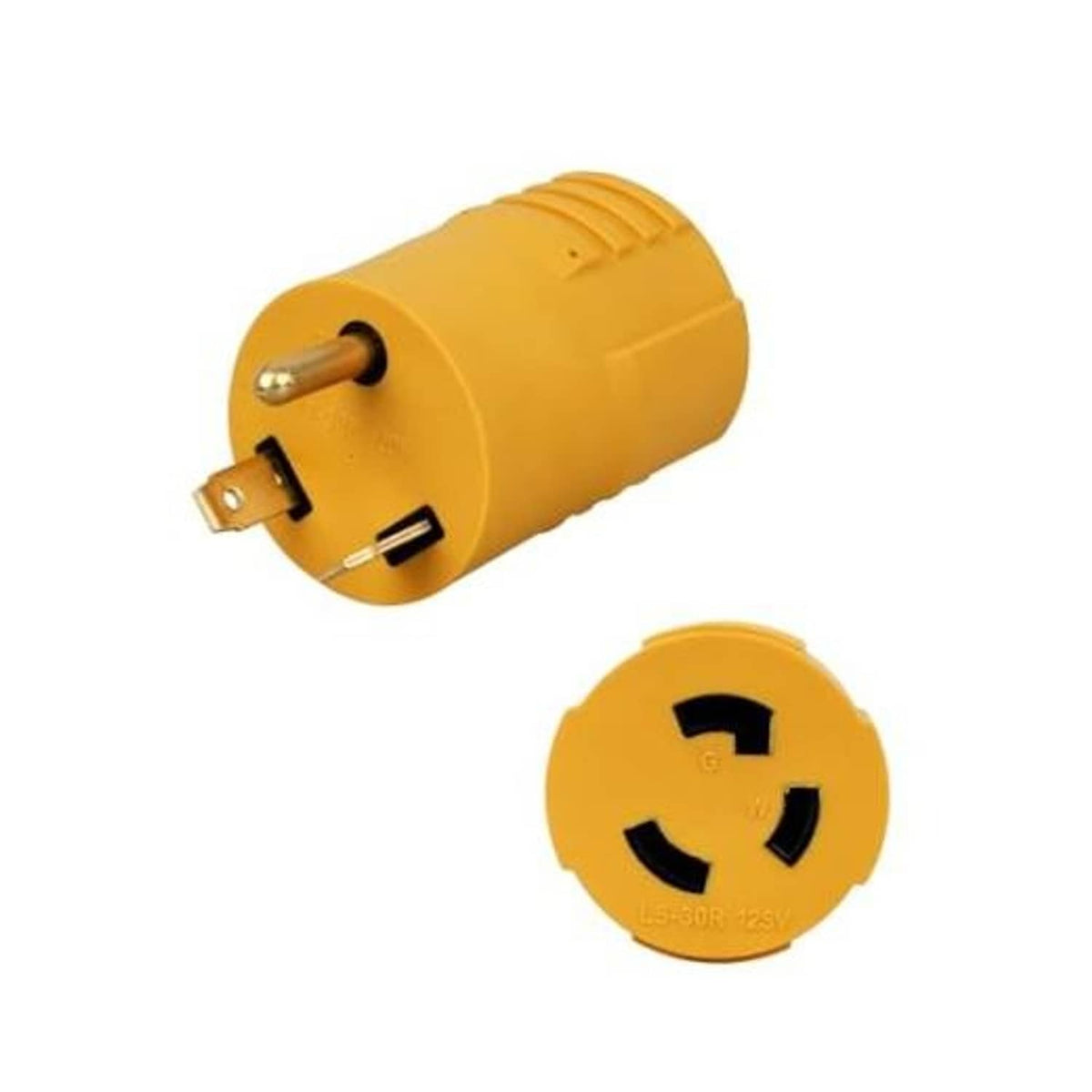 Yellow TT-30P to L5-30R RV power adapter with locking 3-prong female connector.