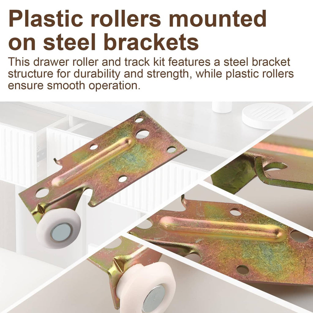 Steel drawer roller bracket with plastic gray wheel, showing mounting holes
