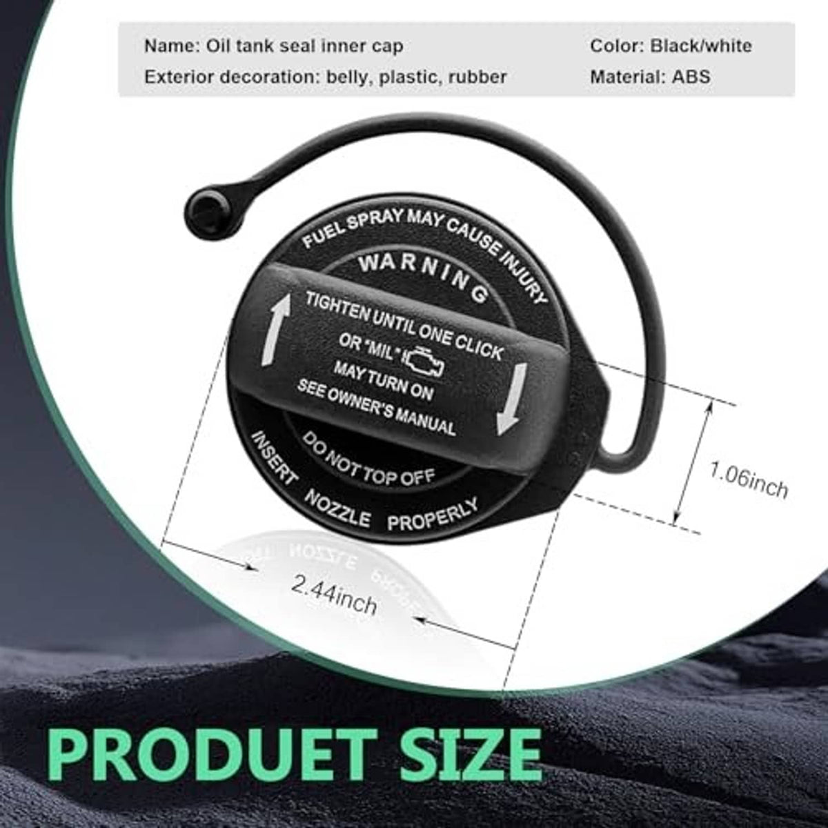 Fuel tank seal inner cap, black with raised warnings and black tether loop