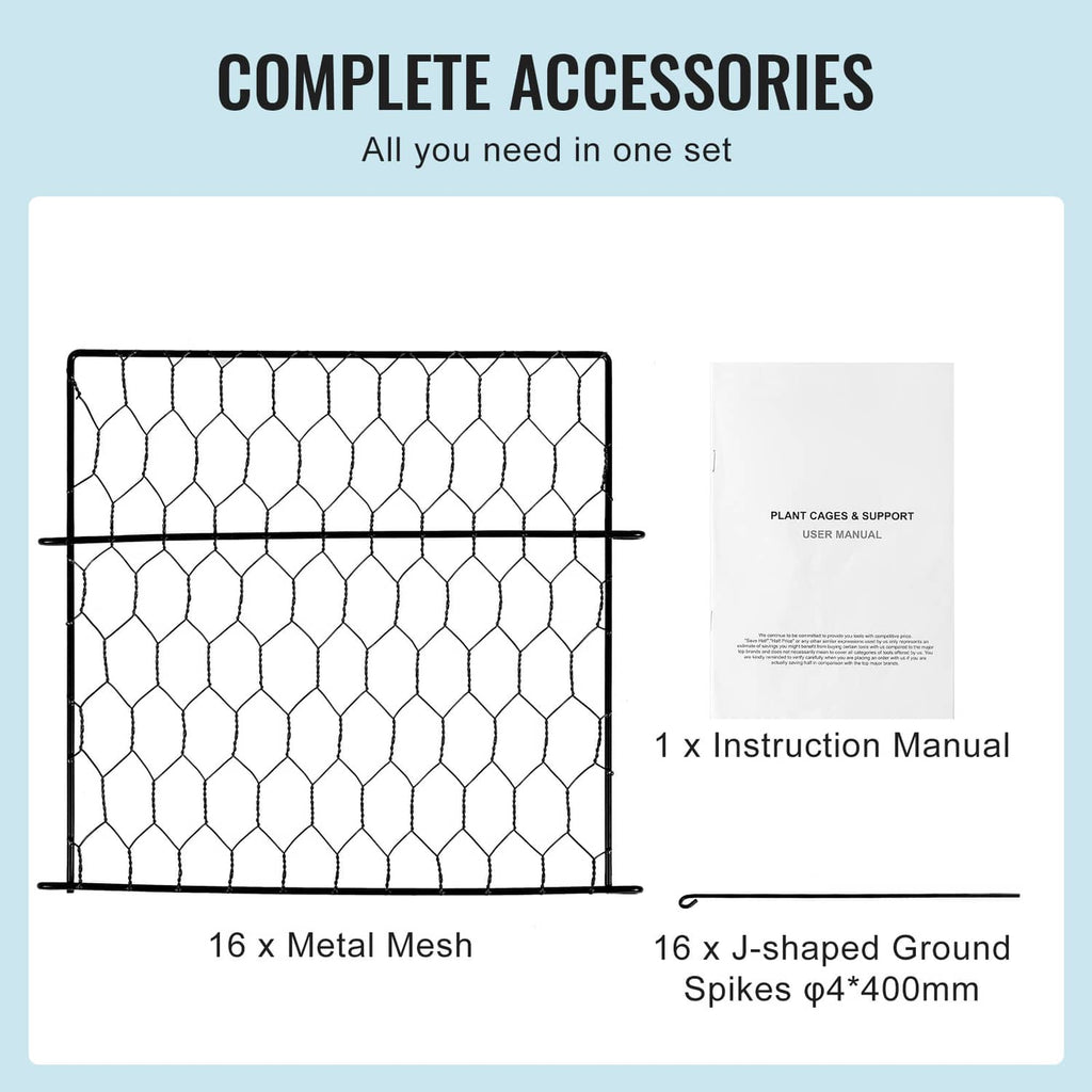 Metal mesh plant protector cage set contents with instruction manual and ground spikes