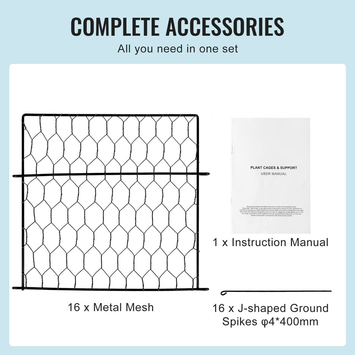 Metal mesh plant protector cage set contents with instruction manual and ground spikes