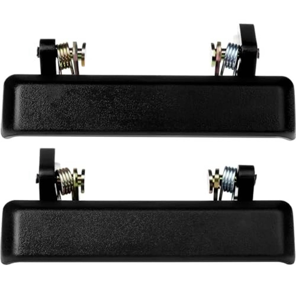 Two black exterior door handles with chrome threaded studs and mounting brackets