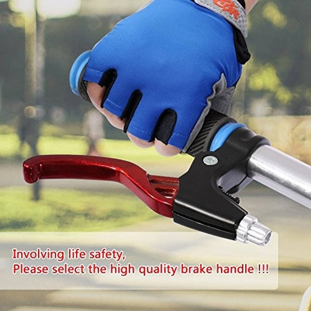 Bicycle brake lever mounted on handlebar with red arm and black clamp
