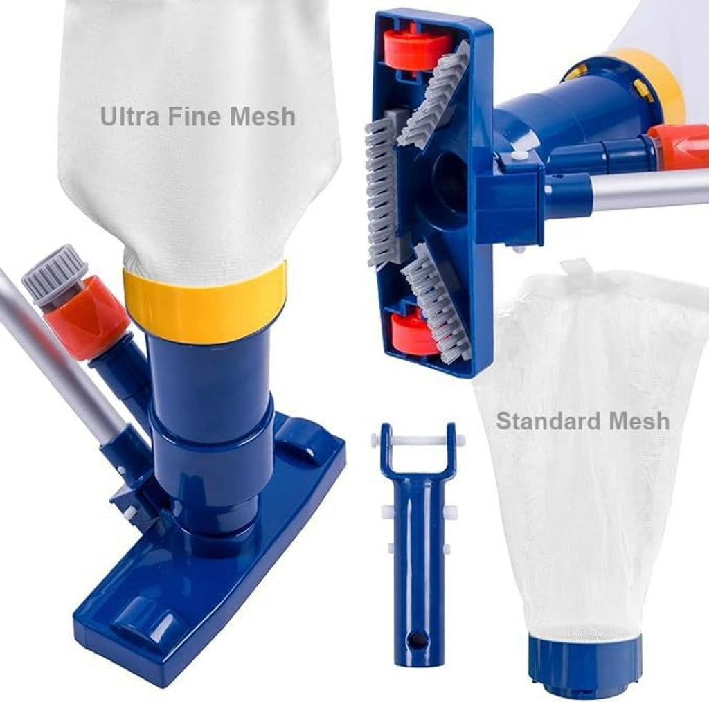 Manual pool vacuum with blue handle, standard and ultra fine mesh bags and hose
