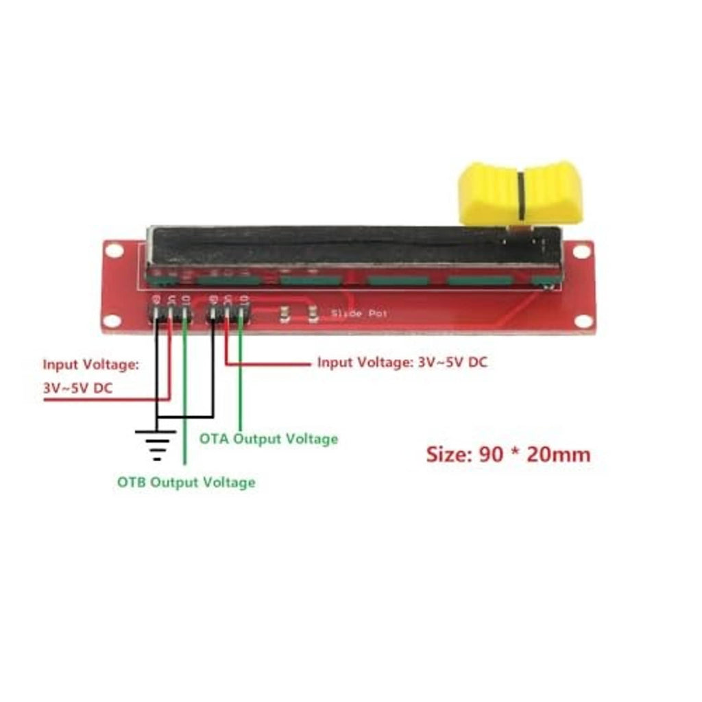 Single slide potentiometer module with yellow slider knob, red PCB, pin header and terminals