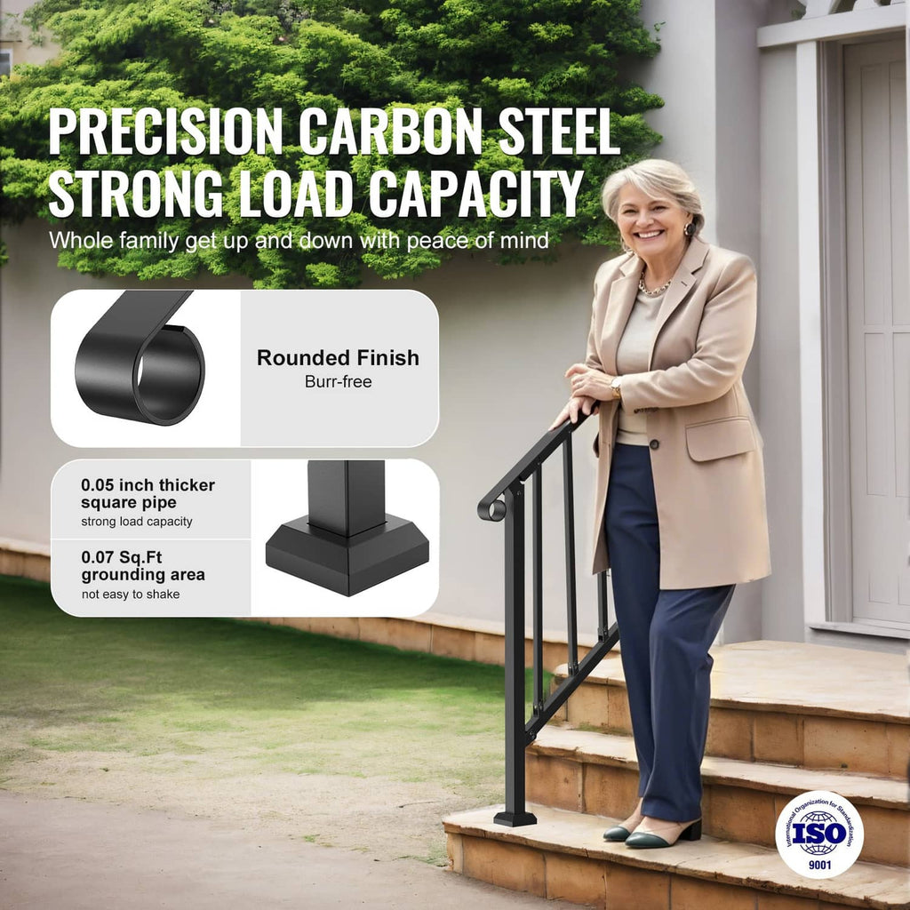 Black 2–3 step outdoor stair handrail with retro arch top rail and vertical bars