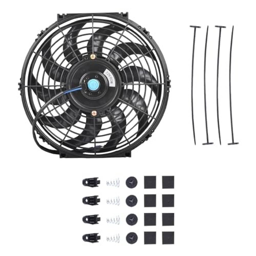 Black 12-inch radiator cooling fan kit with fan blades, rods, and mounting parts