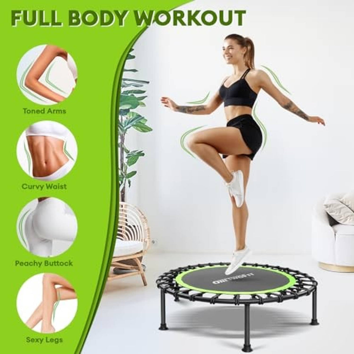 Mini trampoline with round green deck, shown indoors with full-body workout stance