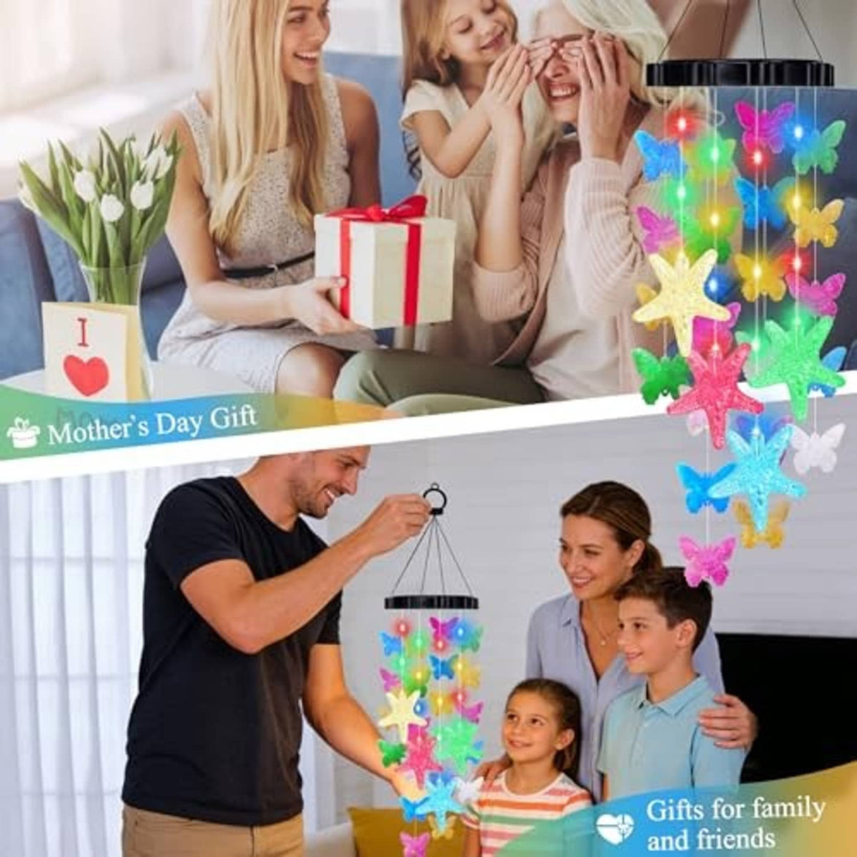 Family gift scene with hanging solar wind chime featuring glowing butterfly and starfish