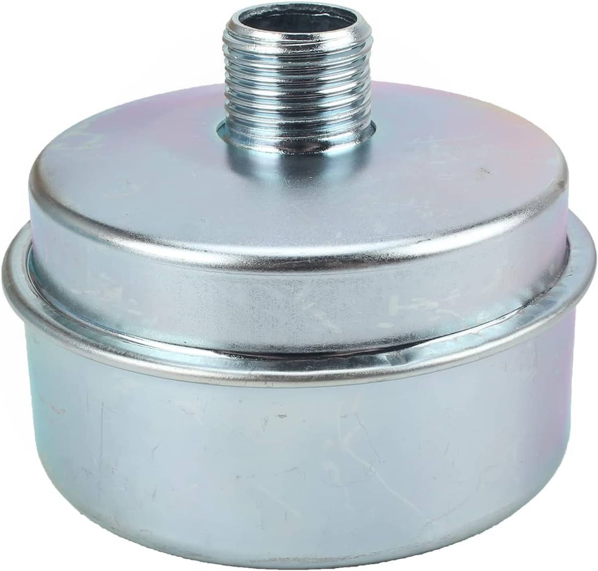 Lawn mower muffler canister with threaded neck inlet