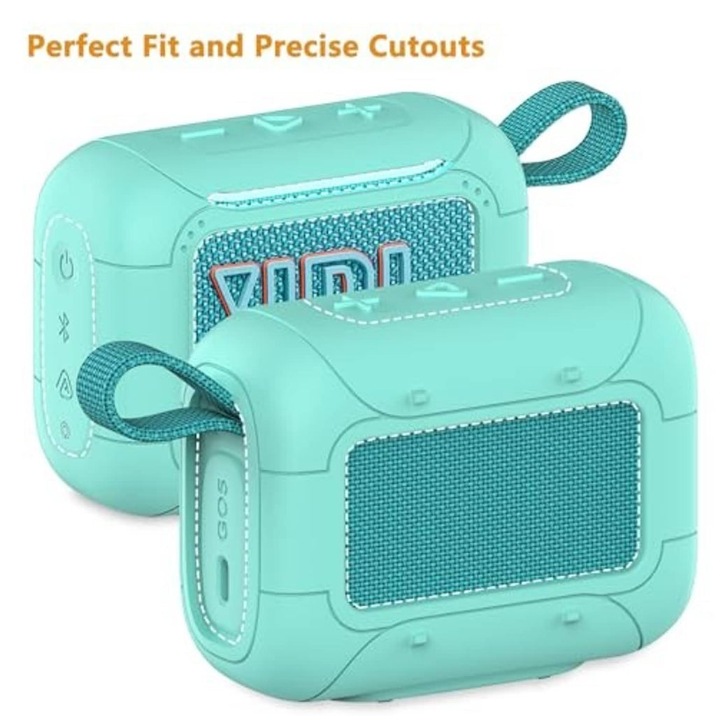 Teal silicone speaker cover case with precise openings for buttons, grille, and strap