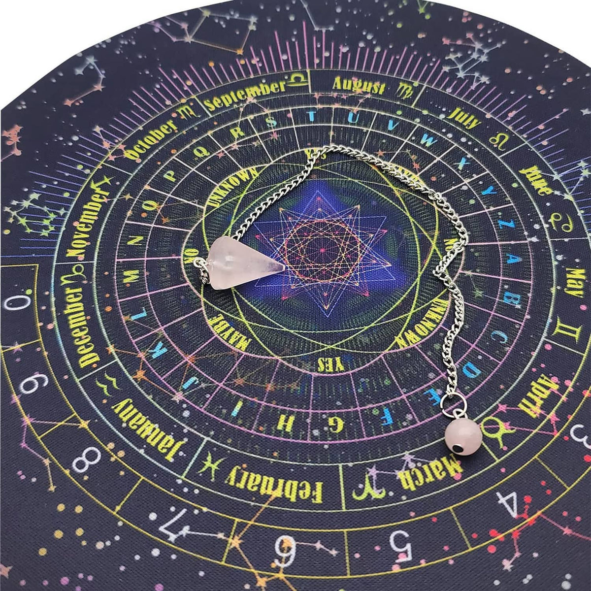 Crystal pendulum necklace on zodiac dowsing chart disk