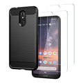 Black rugged phone case with raised edges and clear tempered glass screen protector