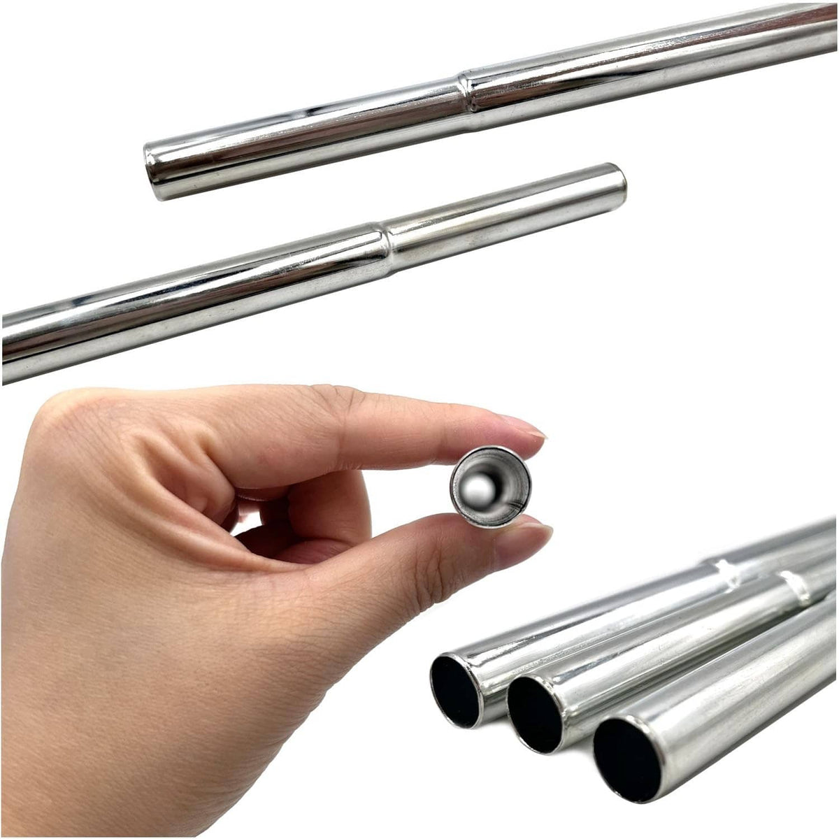 Silver metal golf shaft extension tubes with visible open ends, held by hand