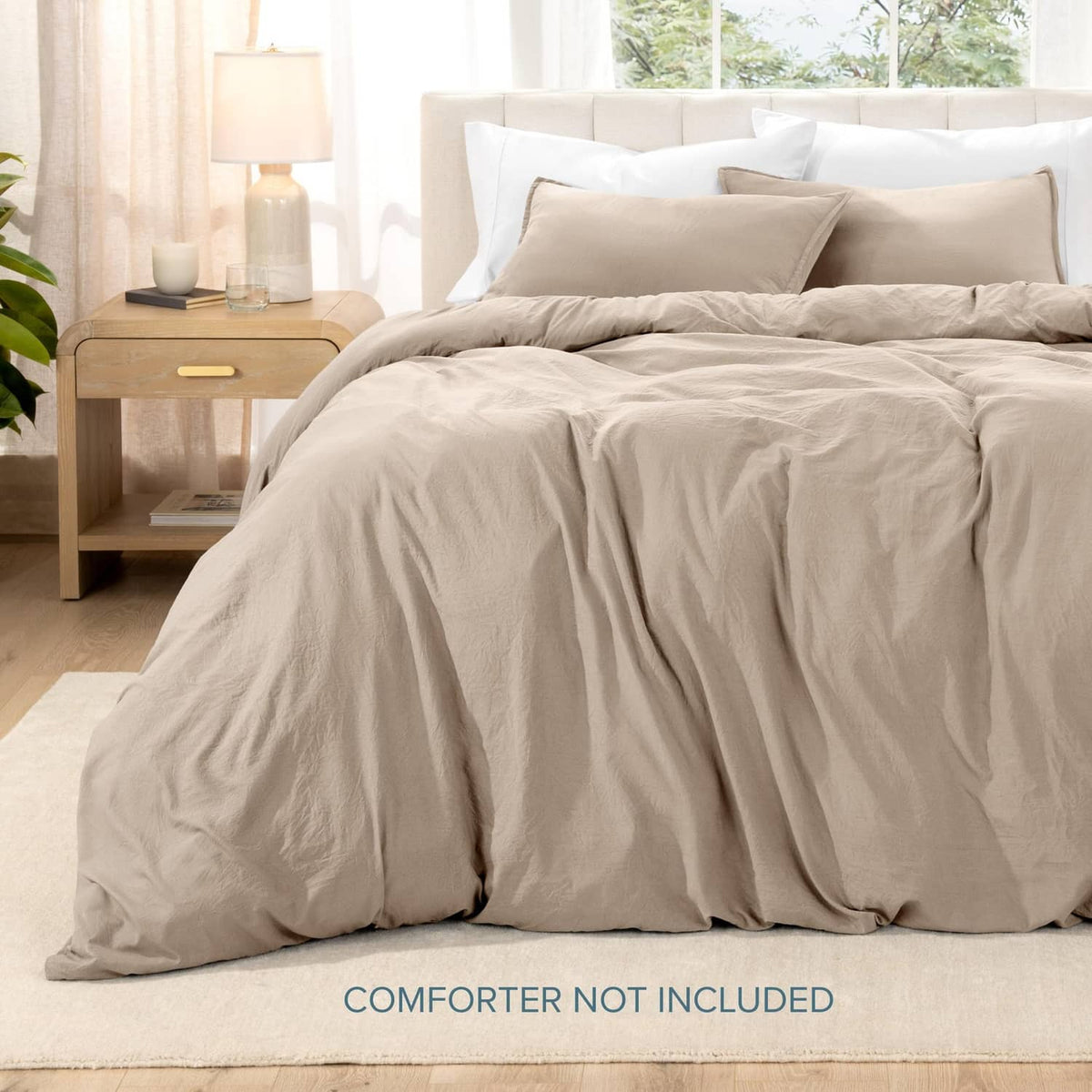 Queen duvet cover set in pebble beige with matching pillow shams