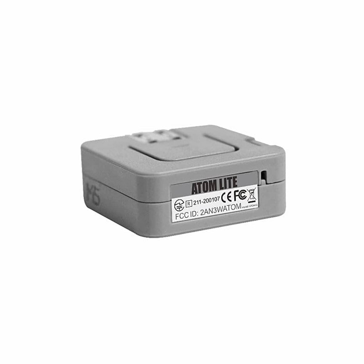 Grey ATOM Lite ESP32 module bottom with ATOM Lite logo and markings