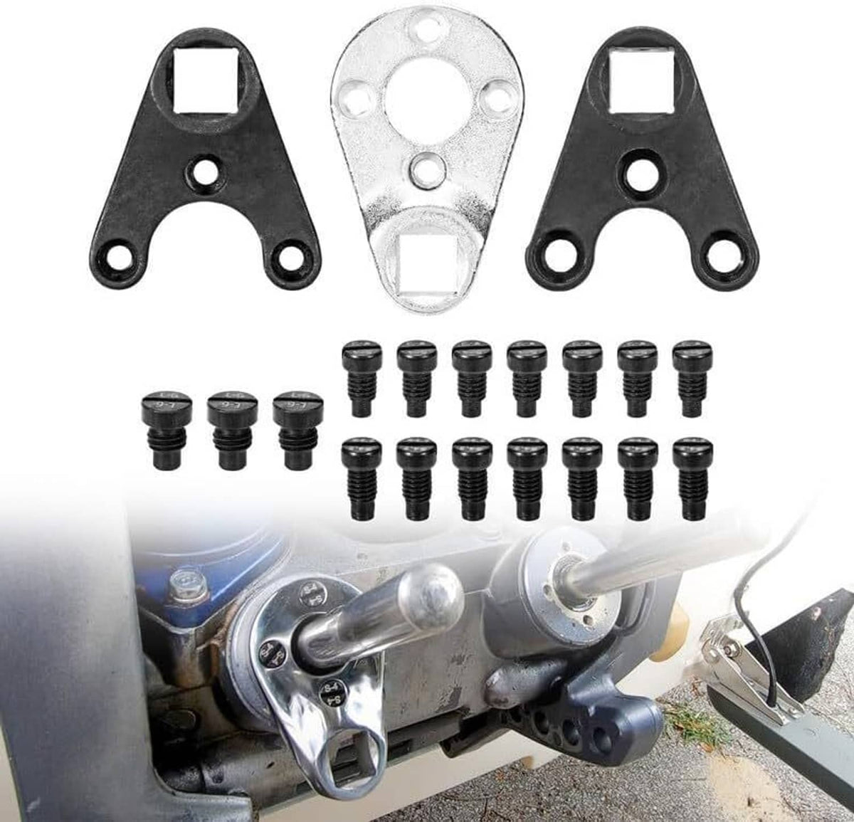 Outboard trim tilt pin wrench tool with included fasteners shown on outboard hardware