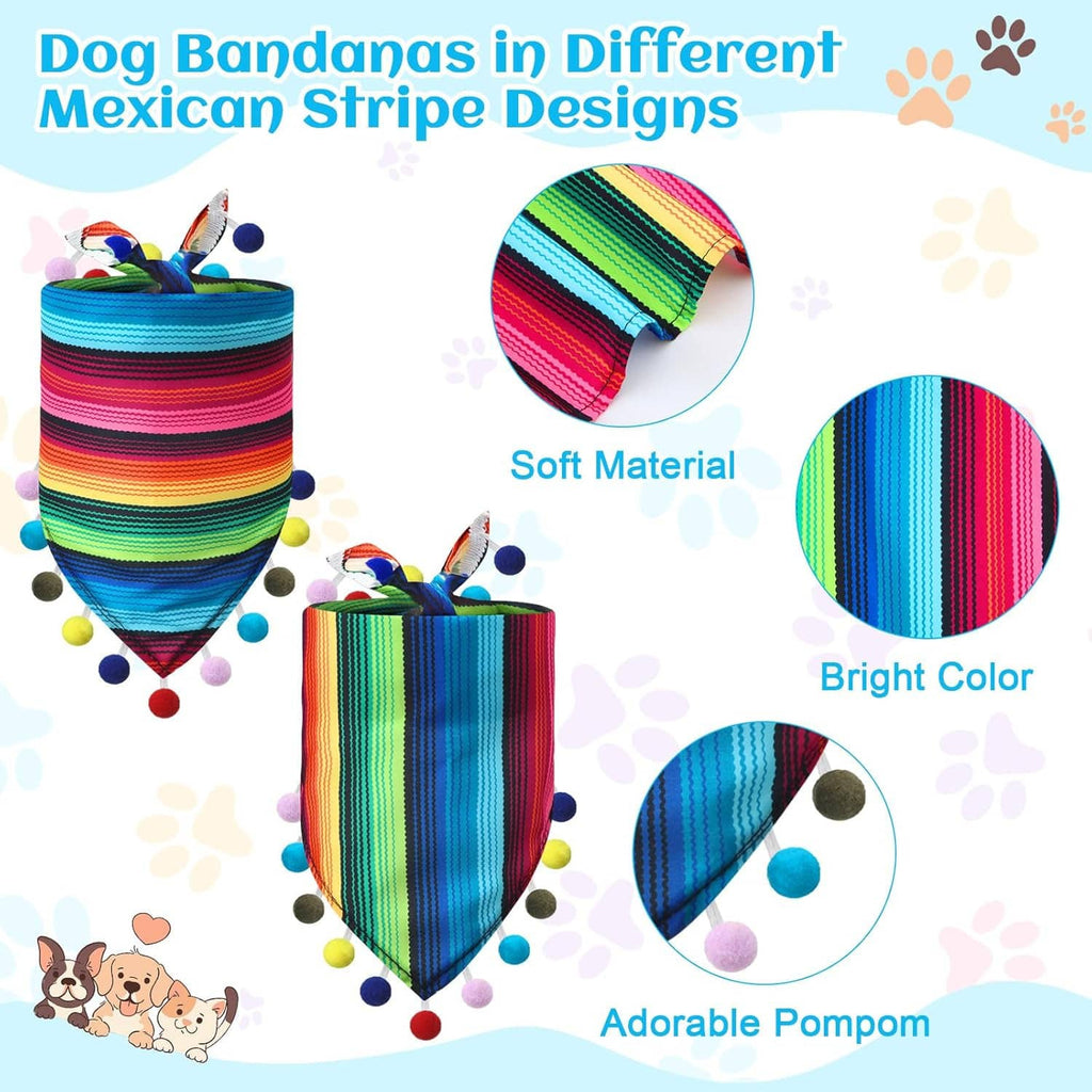 Two Mexican-style dog bandanas with bright rainbow vertical stripes and pompom trim