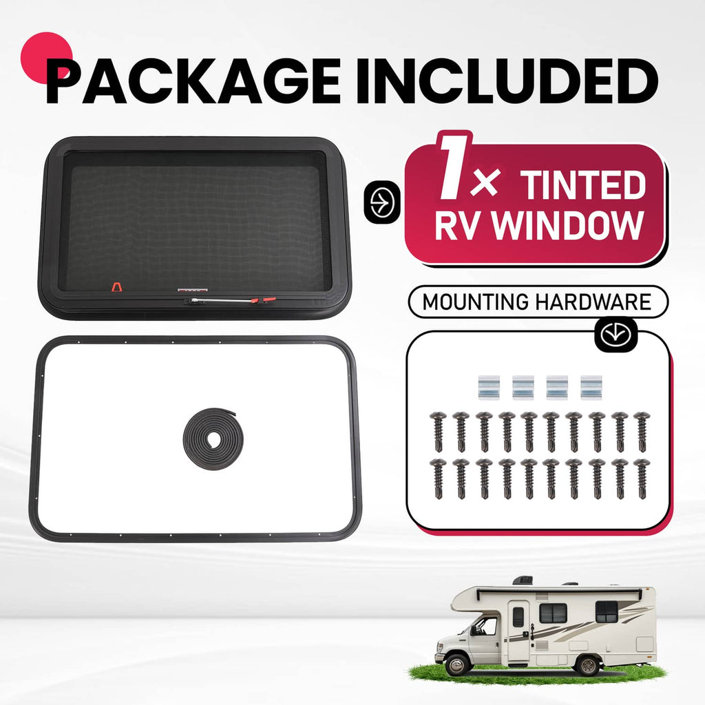 RV exit window kit with tinted window, trim ring roll, and mounting hardware