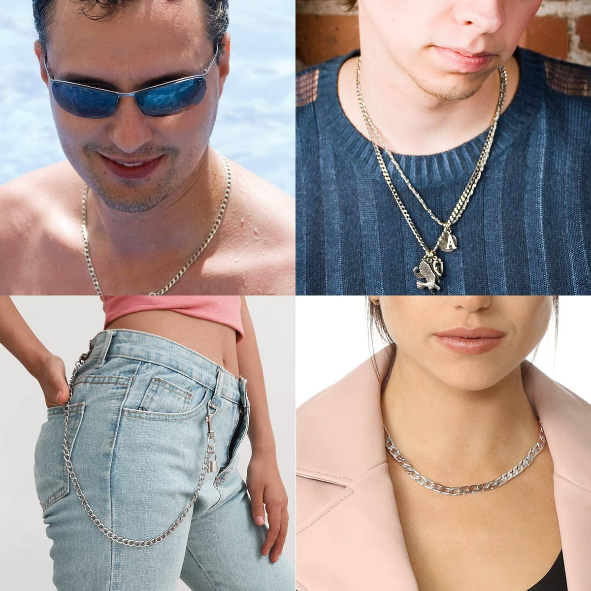 Silver Cuban link chain necklaces on multiple models, layered styles shown on bodies