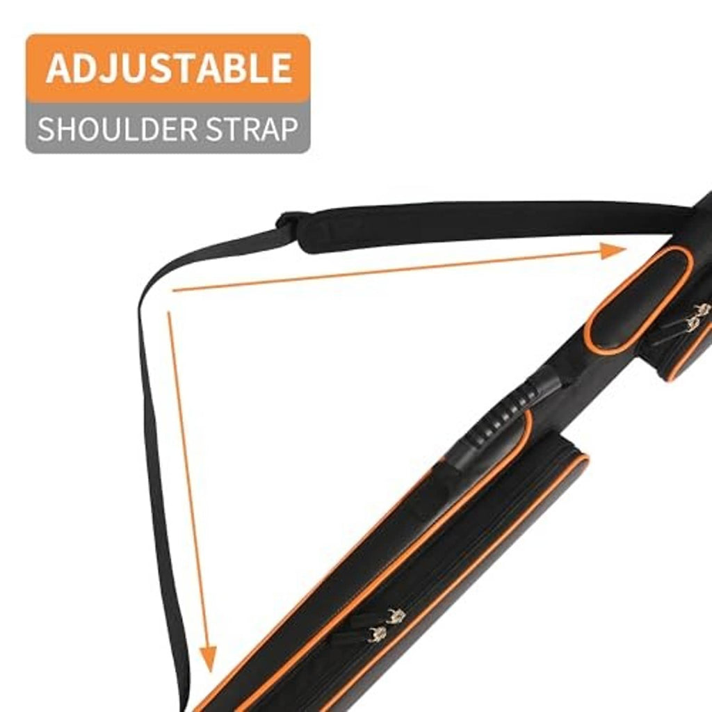Hard pool cue case with adjustable shoulder strap, black with orange piping and zip closure