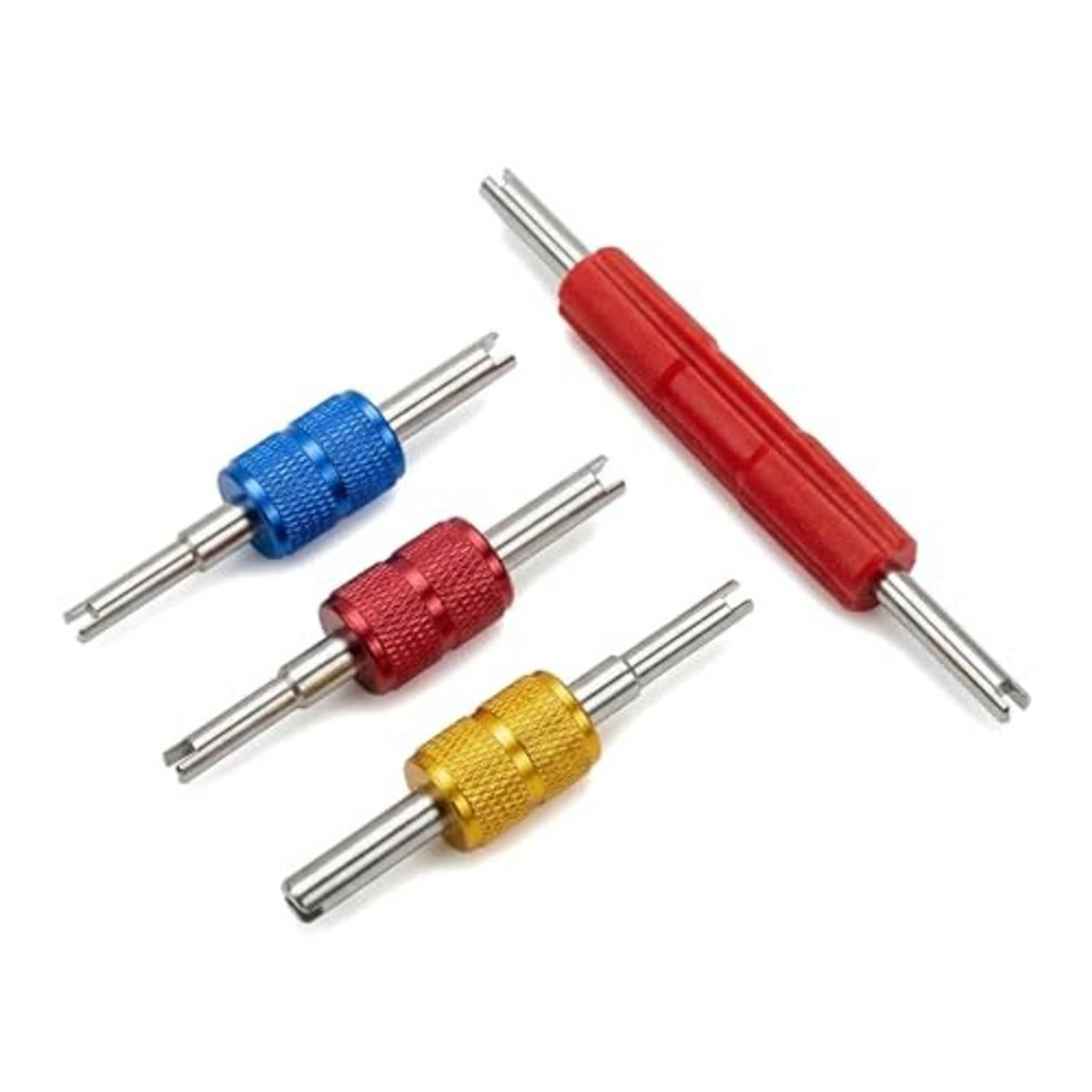 Dual-head A/C valve core remover set with long red handle plus blue, red, and gold tips