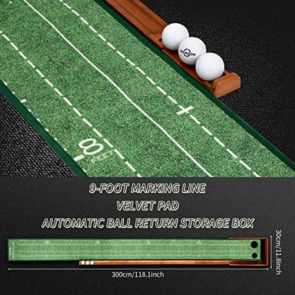 Green indoor putting mat close-up with dashed alignment lines and stacked practice balls