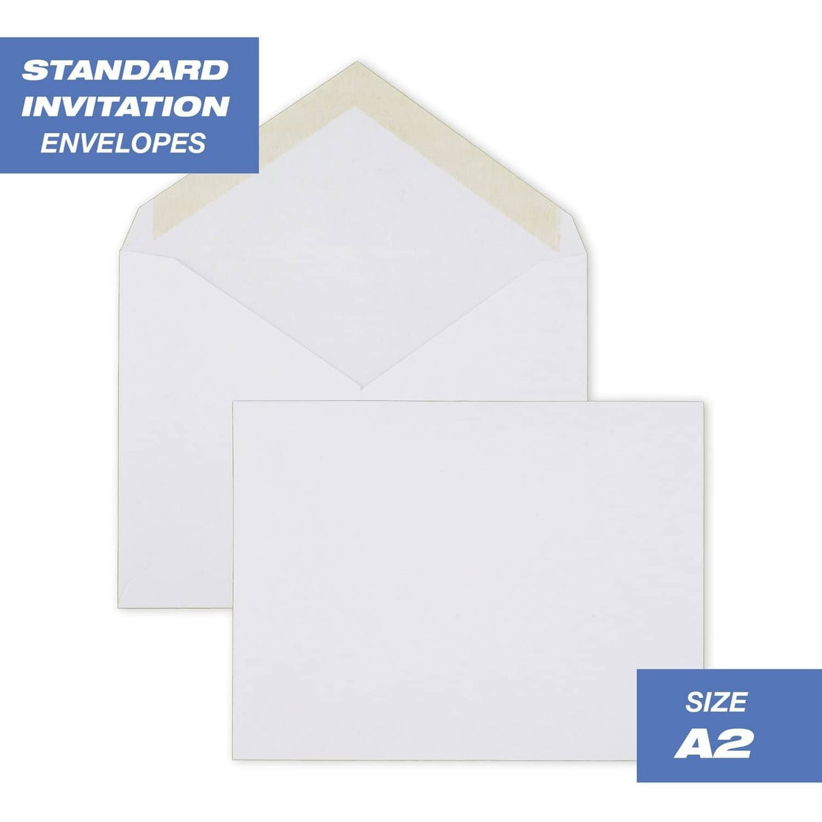 A2 standard invitation envelopes, white wove paper, gummed flap closure, two envelopes shown
