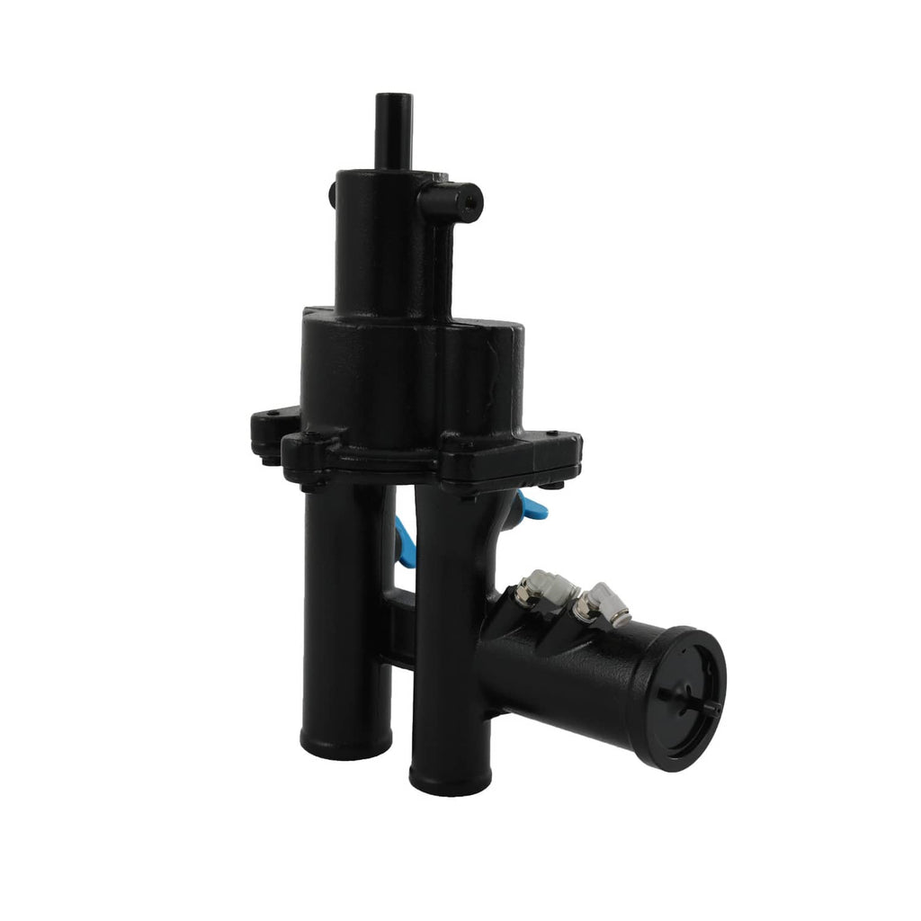 Black sea water pump assembly with blue seal and angled outlet