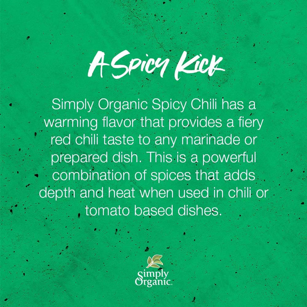 Simply Organic spicy chili seasoning mix graphic with 'A spicy kick' description