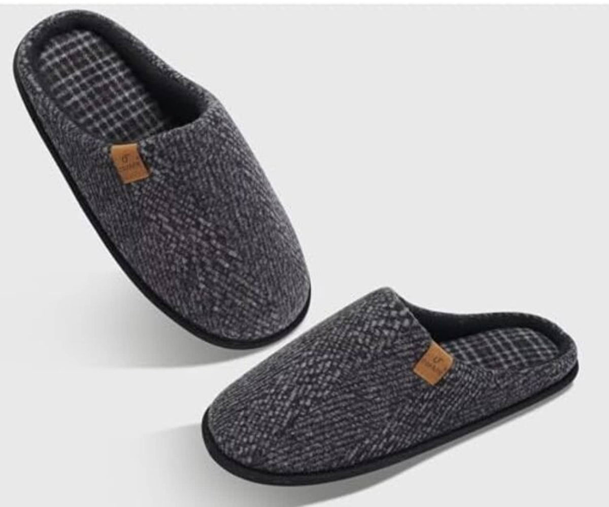 Two heather knit slip-on slippers with black trim and plaid inner lining