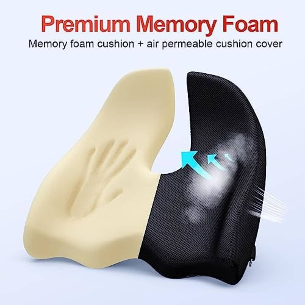 Coccyx seat cushion with ventilated cover, shown in black and light beige memory foam