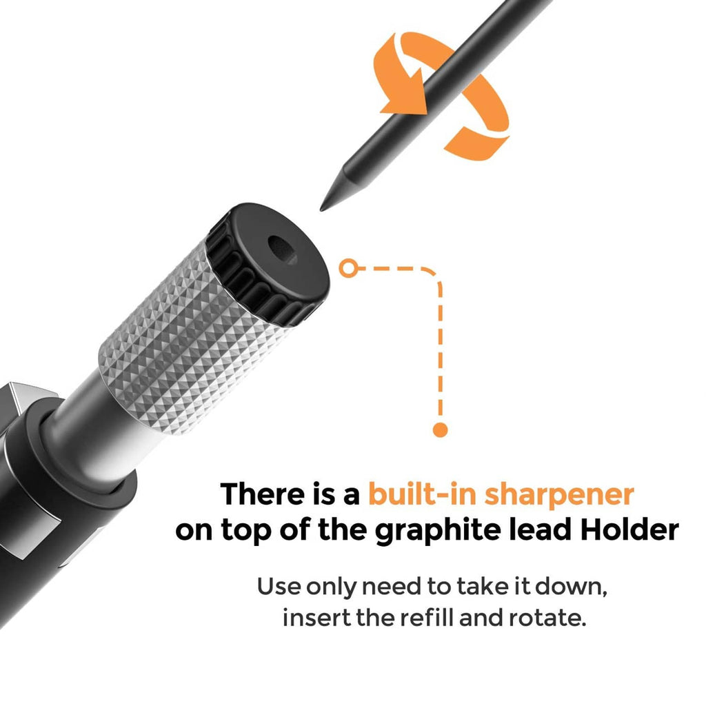 Mechanical pencil lead holder with built-in sharpener on top of the refill compartment