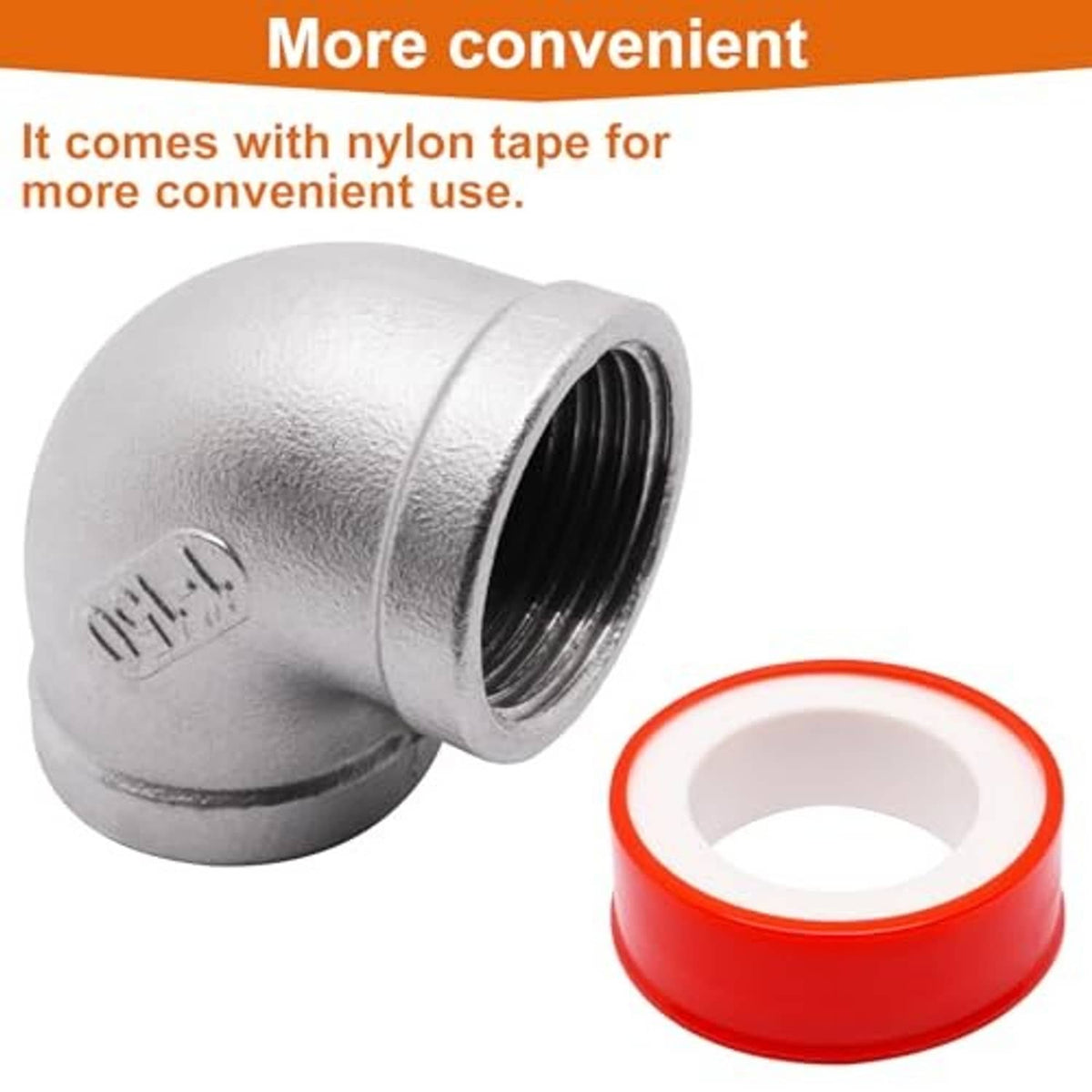 Stainless steel 90° elbow fitting with female NPT threads and red nylon tape seal