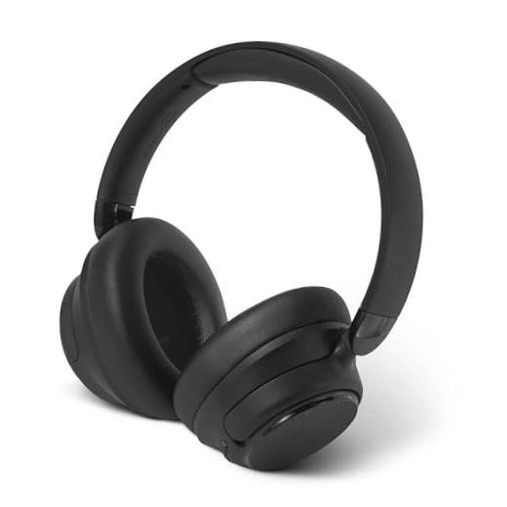 Black over-ear wireless headphones angled view with cushioned ear pads