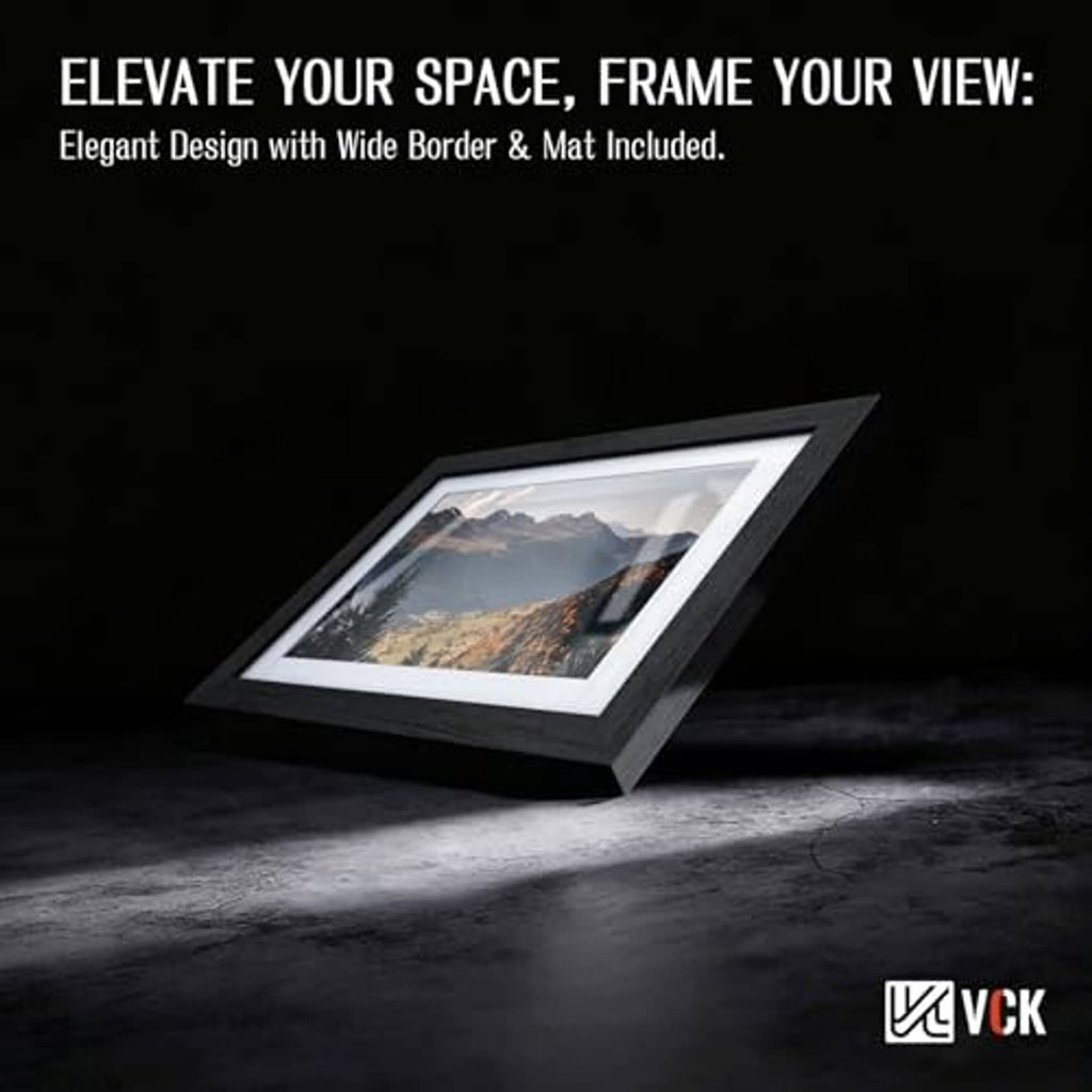 Black wood 11x14 picture frame with mat, tempered glass, and angled stand