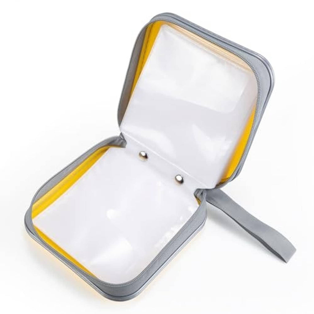Yellow hard DVD/CD case opened, showing interior lining with zipper track and strap.