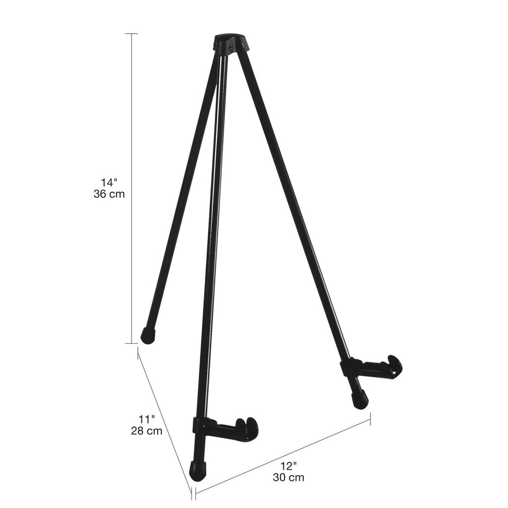 Black tabletop tripod easel with adjustable arms and three stable feet
