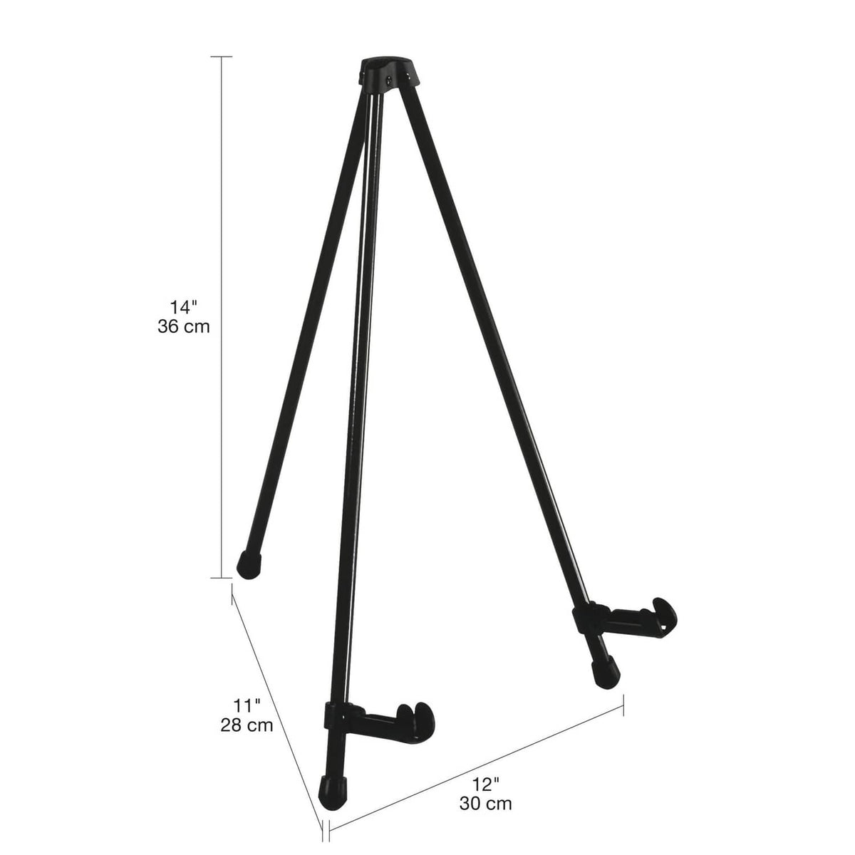 Black tabletop tripod easel with adjustable arms and three stable feet