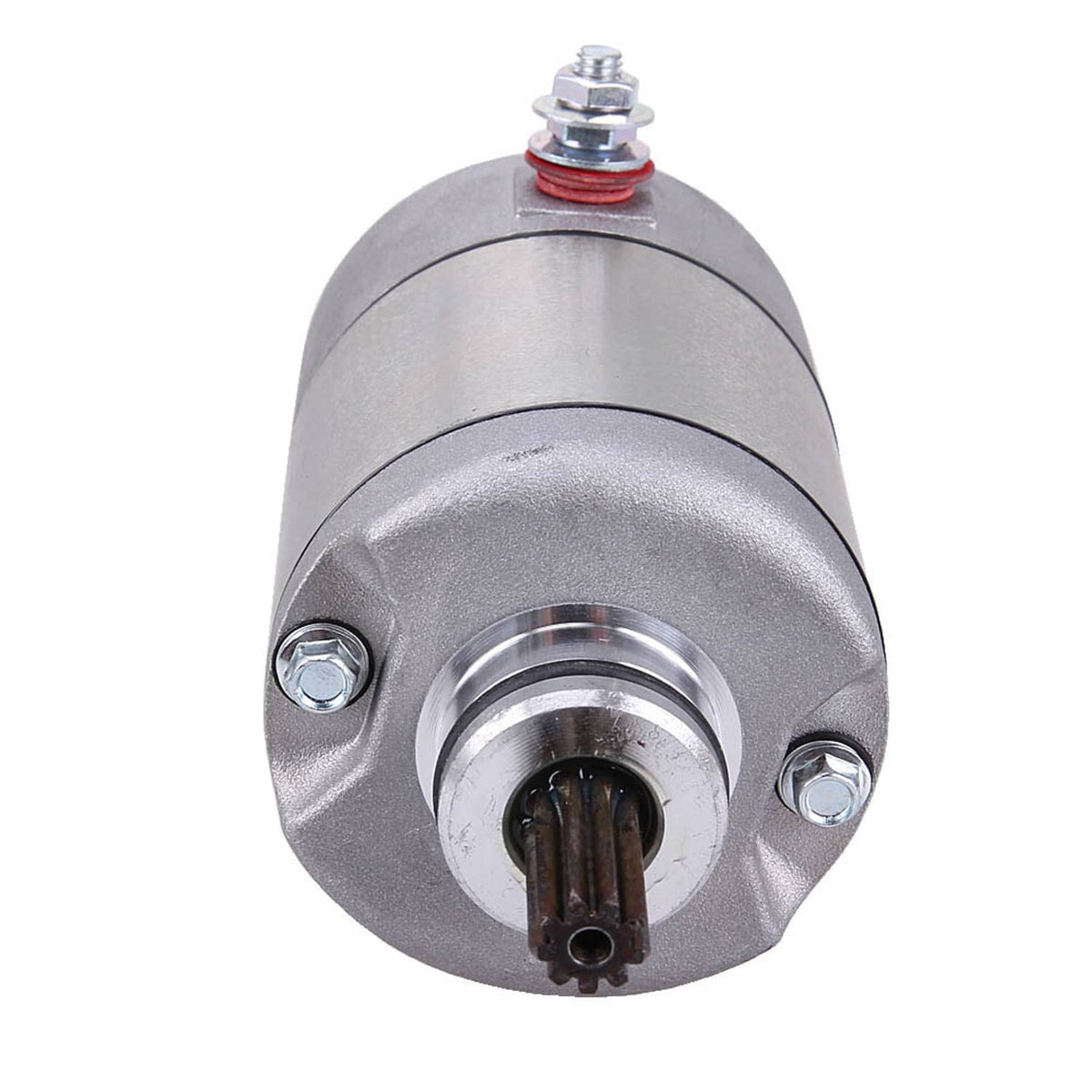 Front view of silver starter motor with central drive opening and mounting bolts