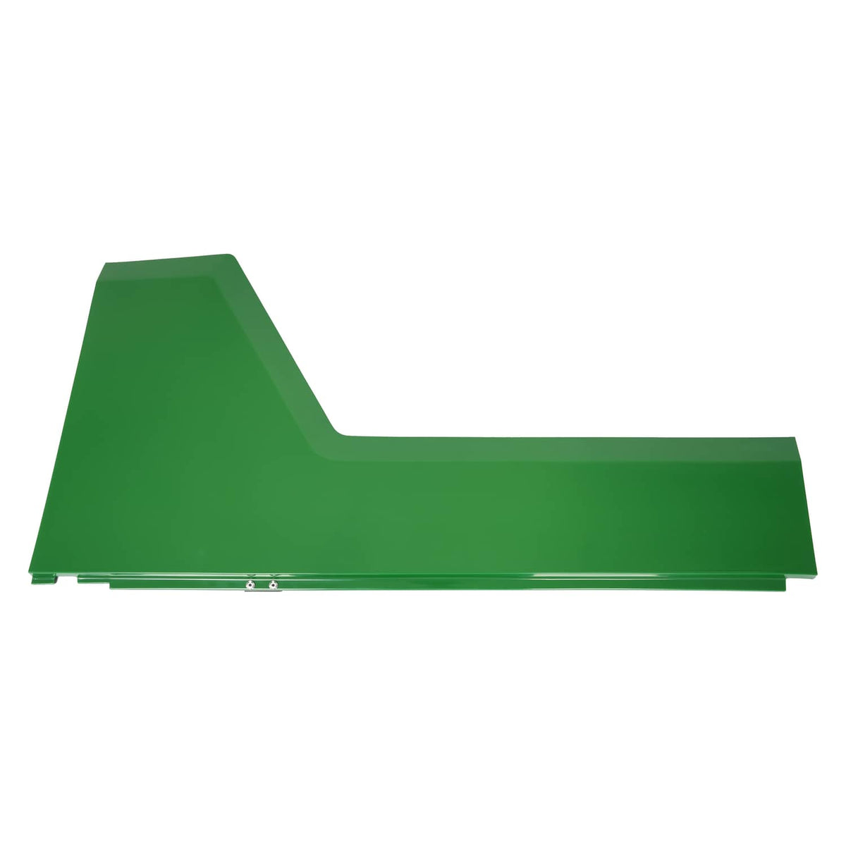 Green steel RH hood side panel with mounting edge and fastener slots