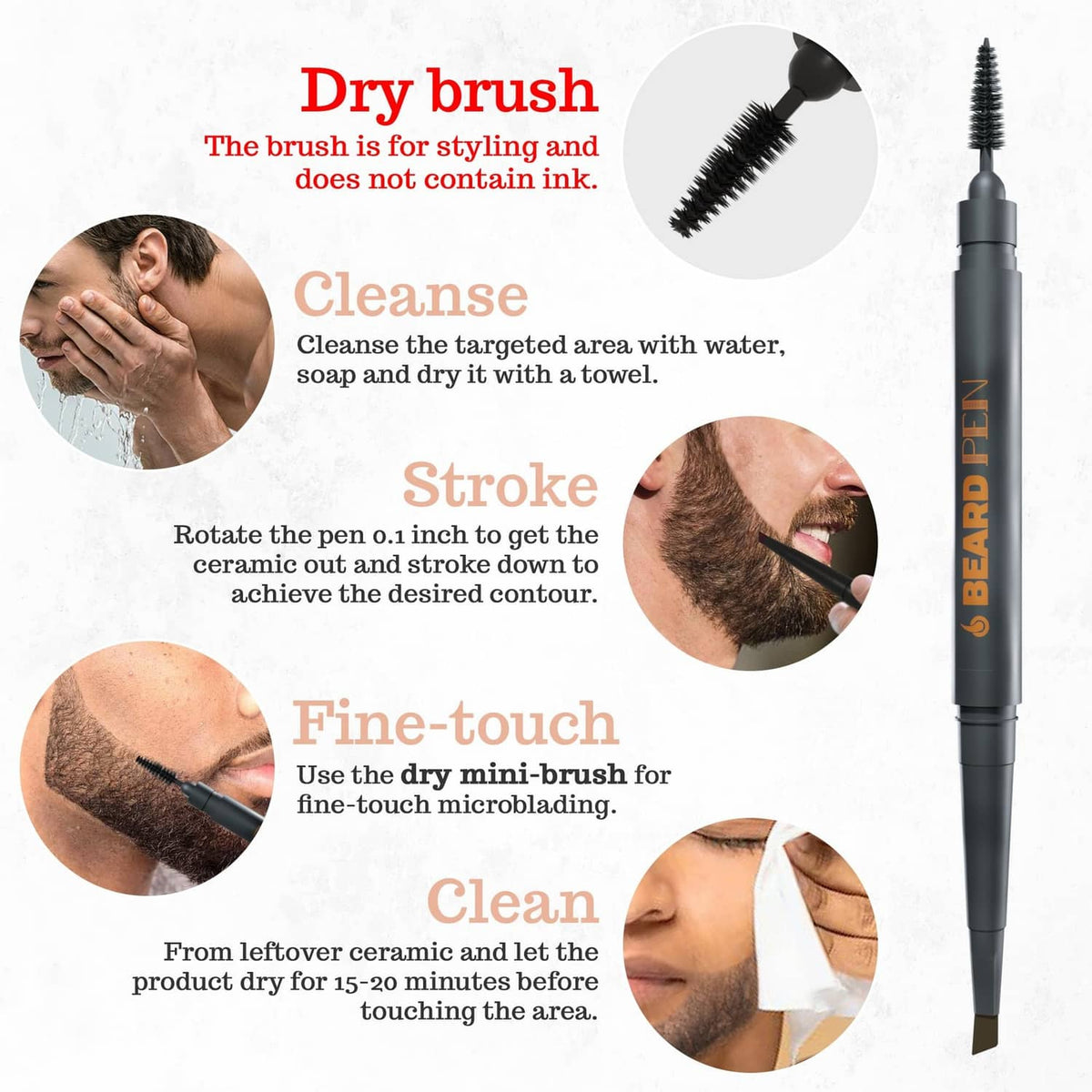 Beard filler pen with mini dry brush for shaping and contouring
