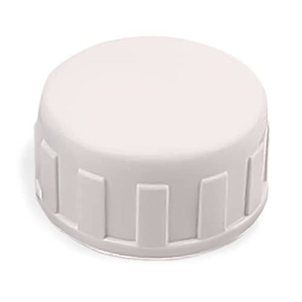 White PVC pipe end cap with knurled grip ridges and flat rounded top
