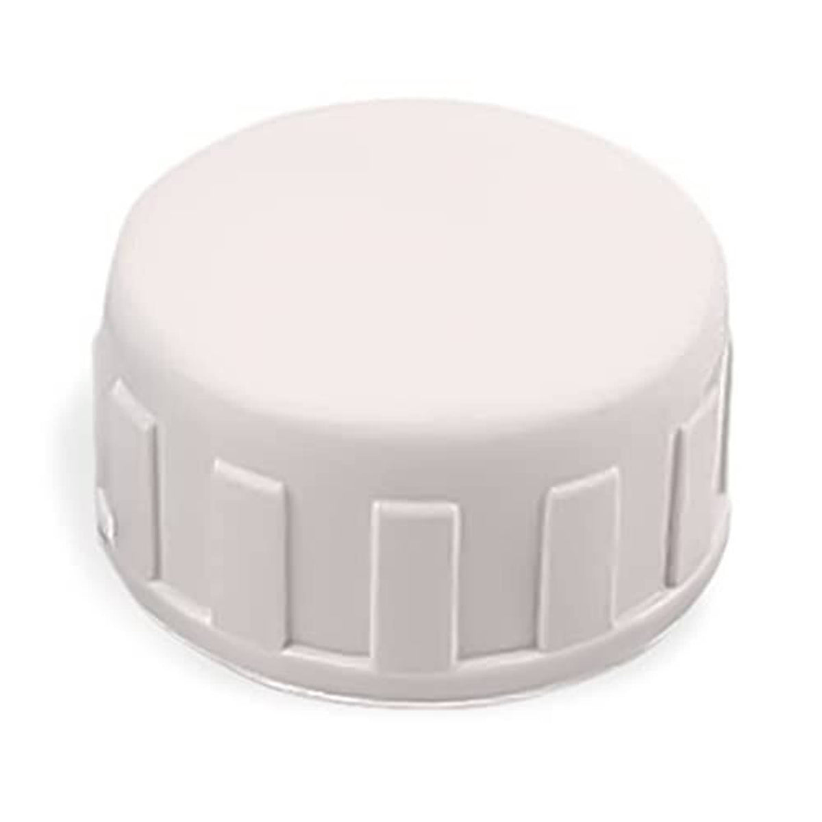 White PVC pipe end cap with knurled grip ridges and flat rounded top