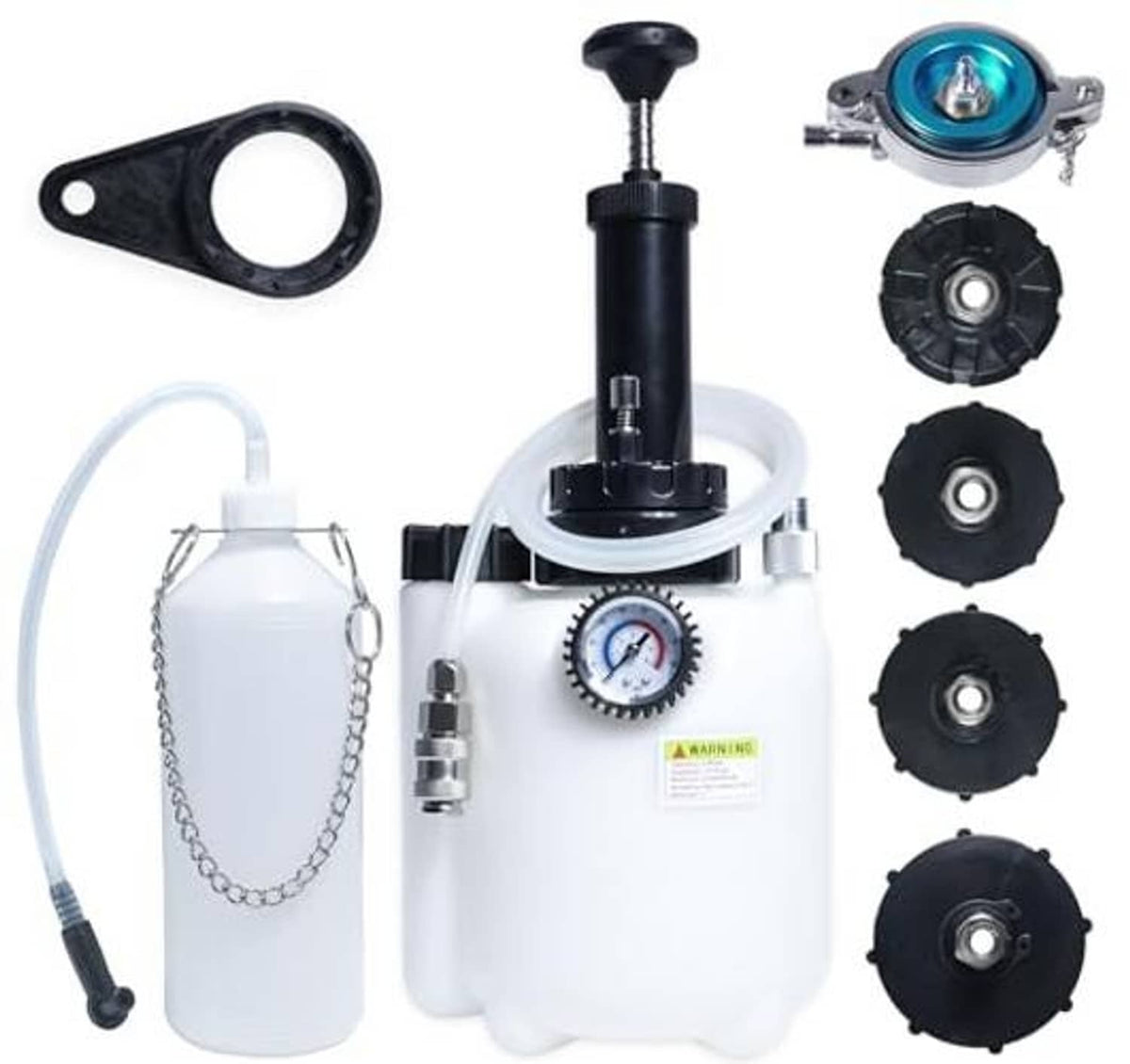 Brake bleeder pump kit with white bottle, pressure gauge, pump tube, and adapter set