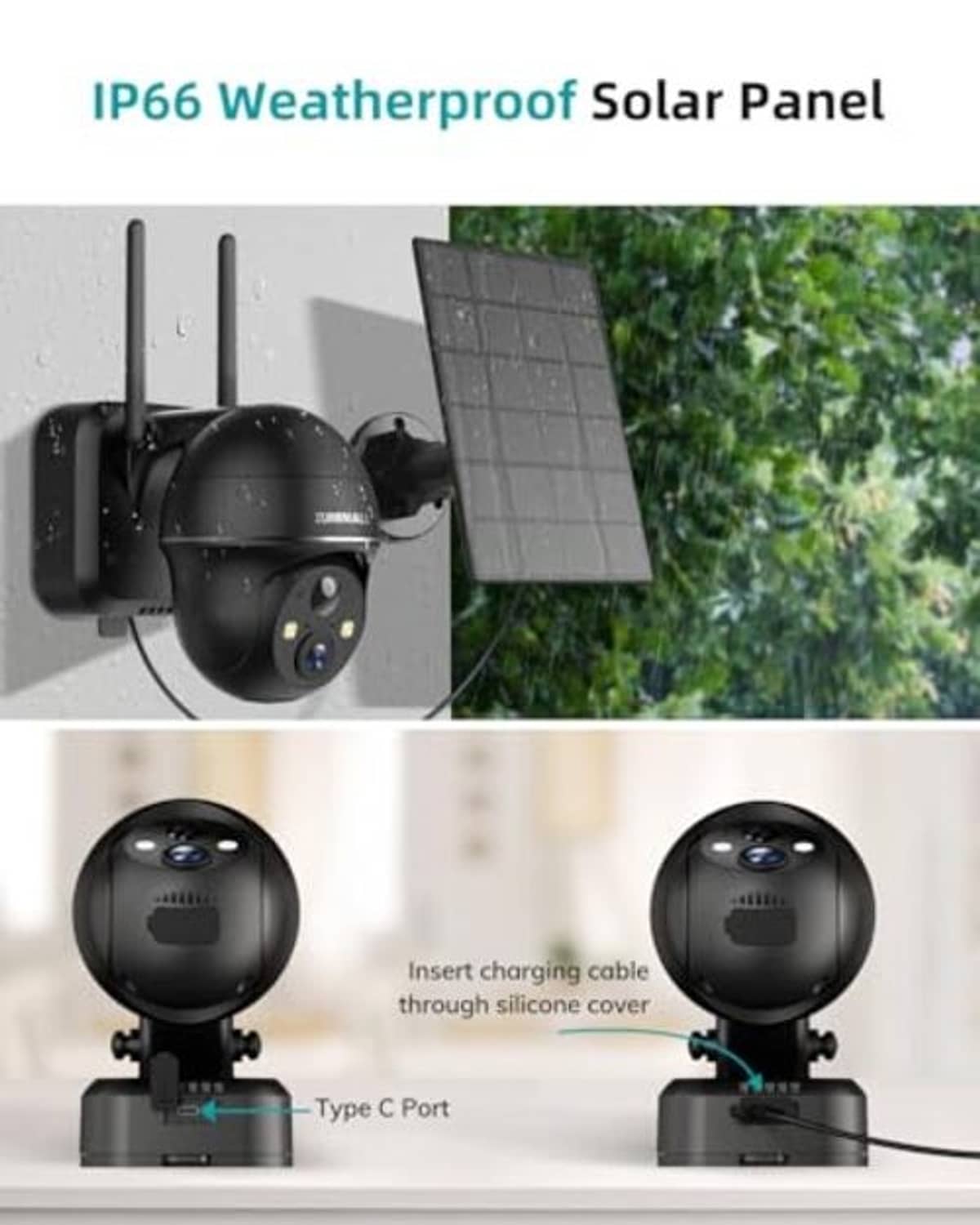 IP66 waterproof solar panel attached to black outdoor security camera, with charging cable