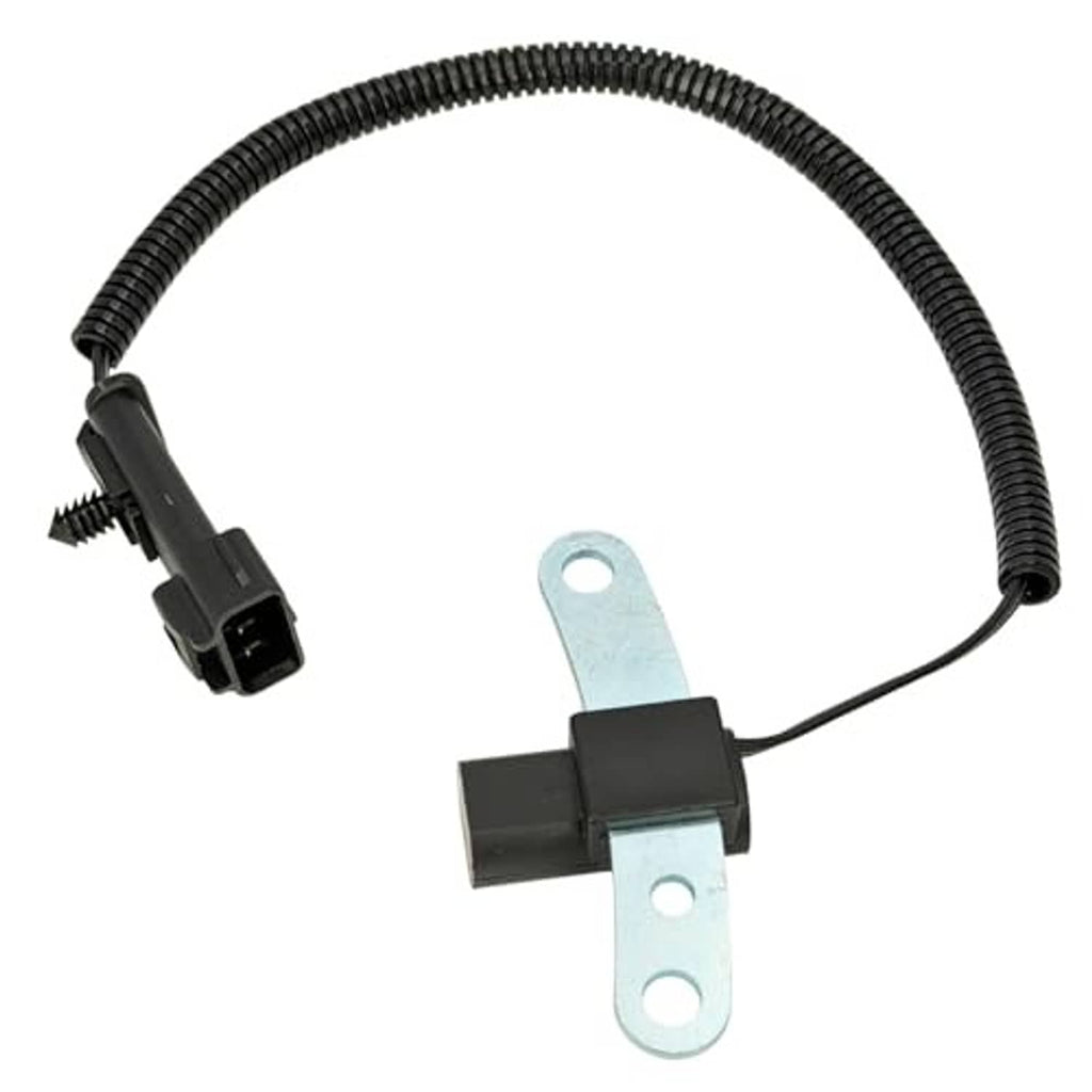 Engine crankshaft position sensor with black wire harness and metal mounting strap